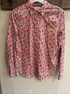 J Crew Floral Button-Down Shirt - Cream, Red & Green